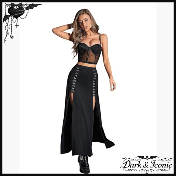 Stretchy High Waist Maxi Skirt with Double Slits Punk Gothic Style - Picture 2 of 7